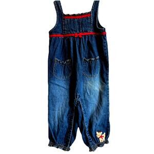 Gymboree Denim Overalls Reindeer Holiday Christmas Girls 18-24M Red Ruffle Trim